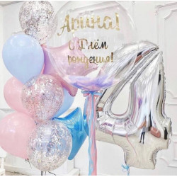 Bubbles with feathers and a meter number with a set of balls